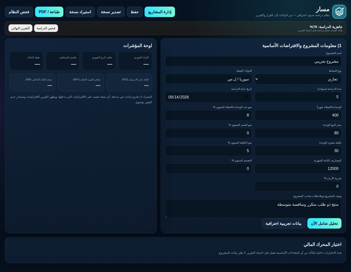 لوحة مؤشرات دراسة الجدوى